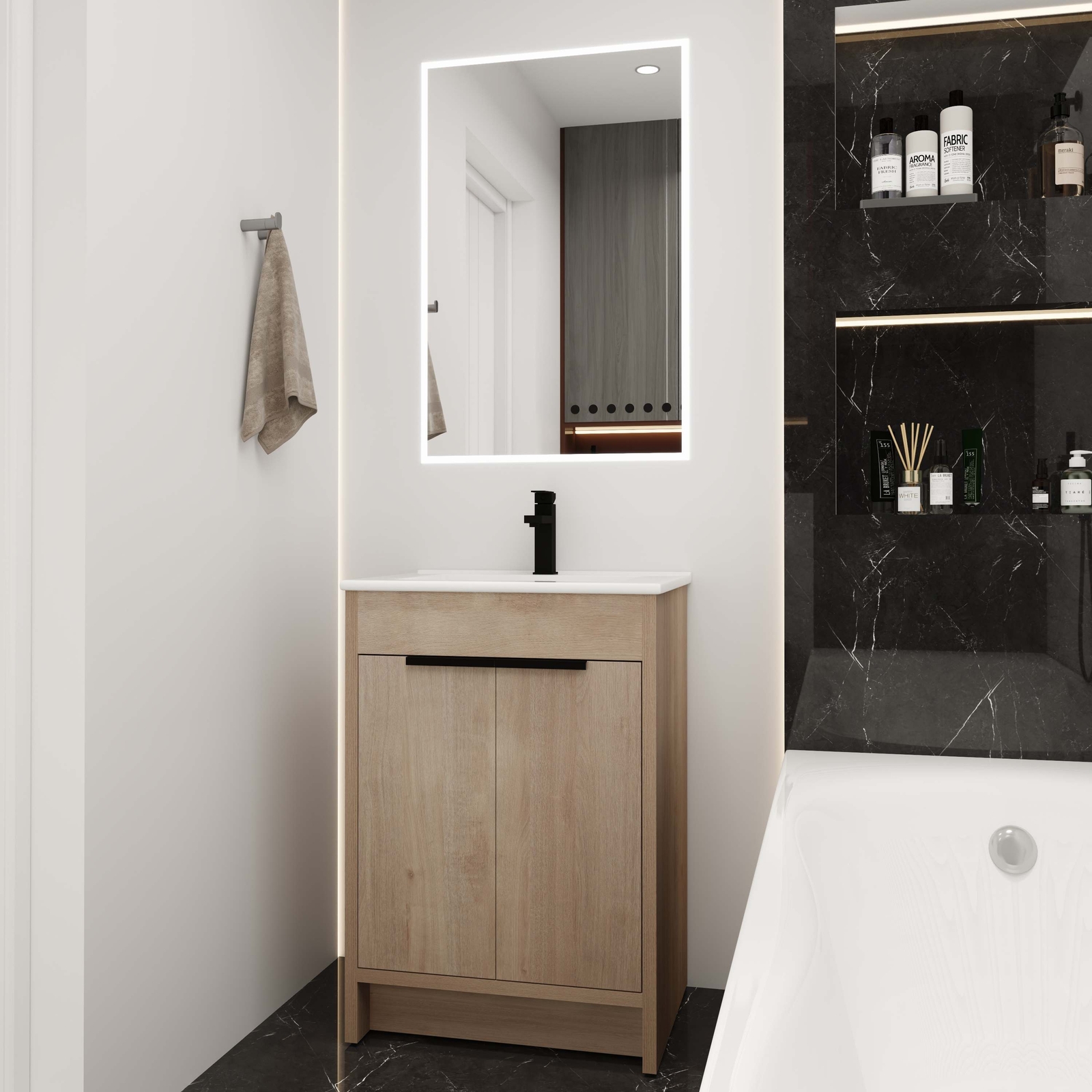 24” Freestanding Bathroom Vanity w/ White Ceramic Sink & 2 Soft Close Doors Oak