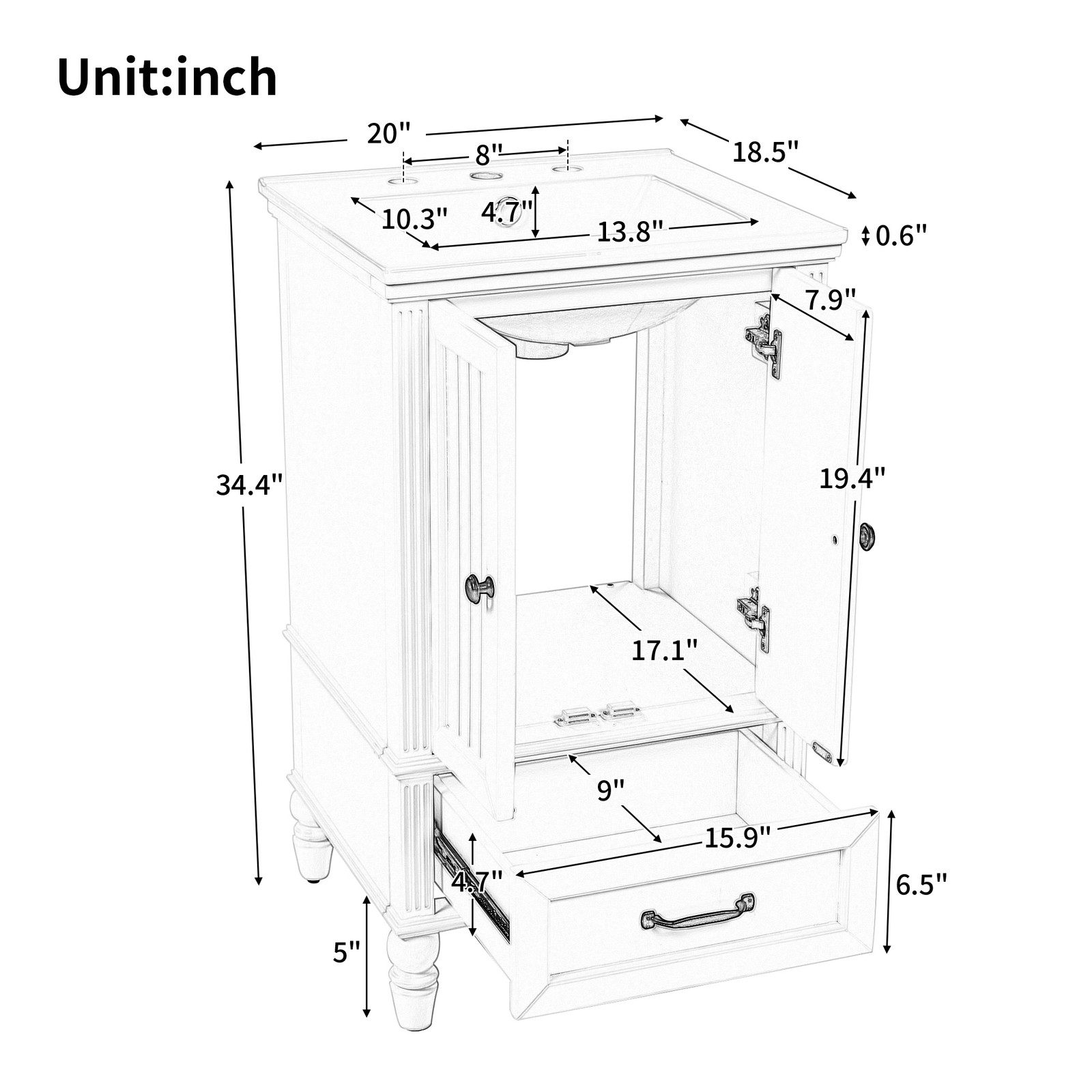 20″ Bathroom Vanity with Sink, Freestanding Bath Vanity Cabinet, Drawer, 2 Doors
