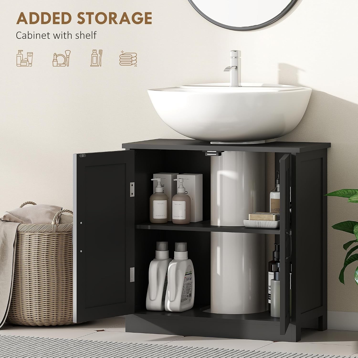 Pedestal Under Sink Storage Cabinet Black, Bathroom with U-Shape Cut-Out 2 Doors