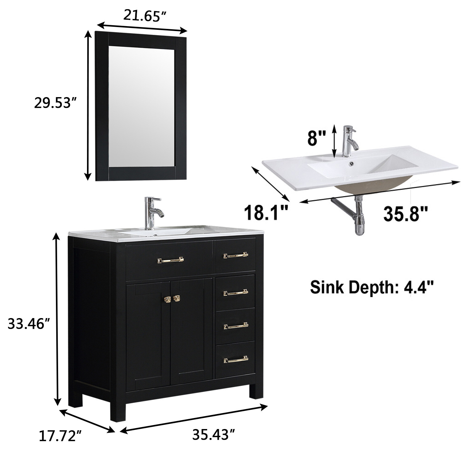 Undermount Ceramic Shaker 36″ Single Bathroom Vanity Set & Mirror Free Standing