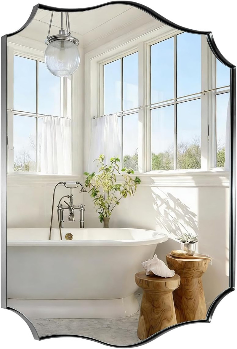 Brushed Nickel Scalloped Bathroom Mirror 24×32″ – Vintage Wavy Edge Design