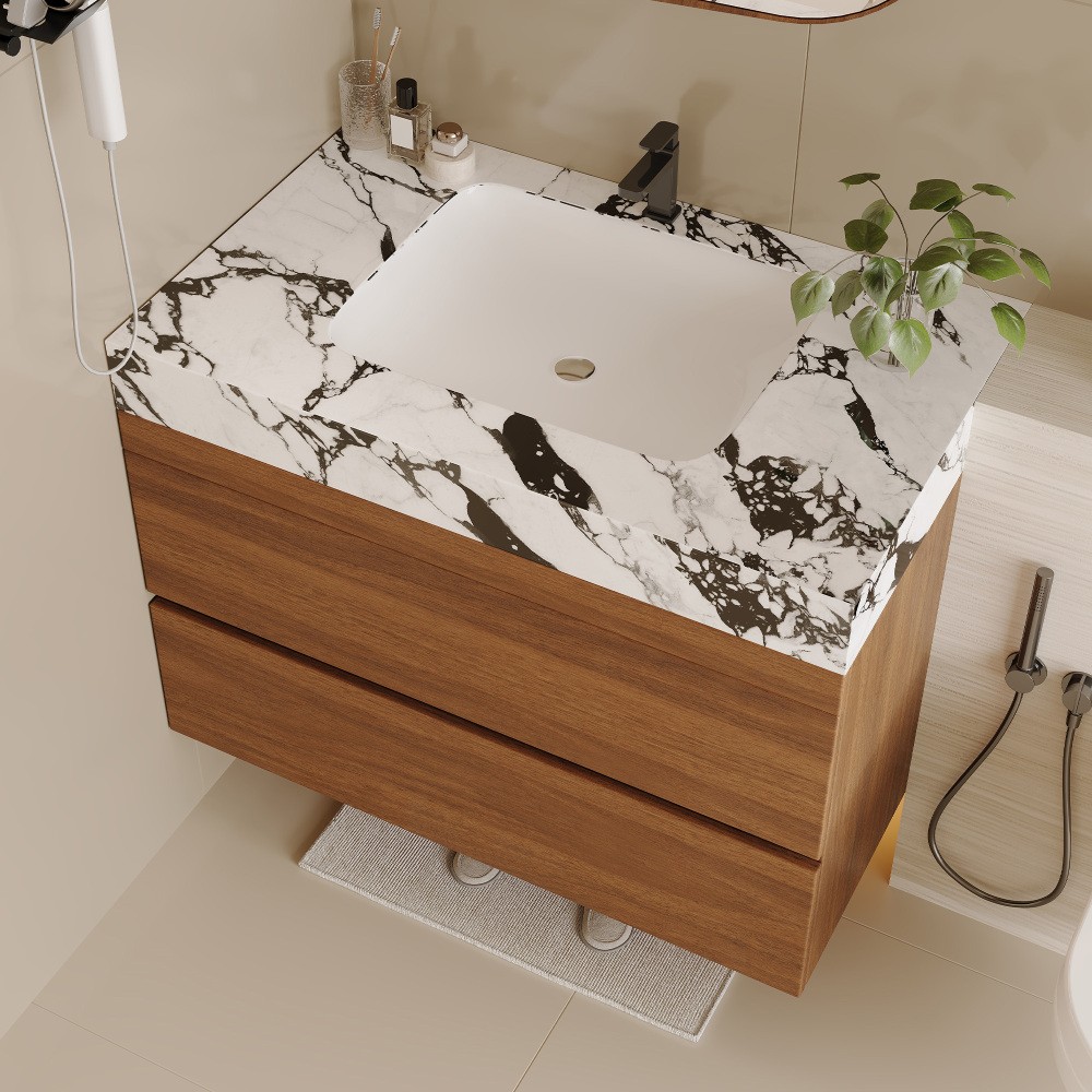 29.9″ Floating Bathroom Vanity with Marble Top & Undermount Sink, Wall-Mounted