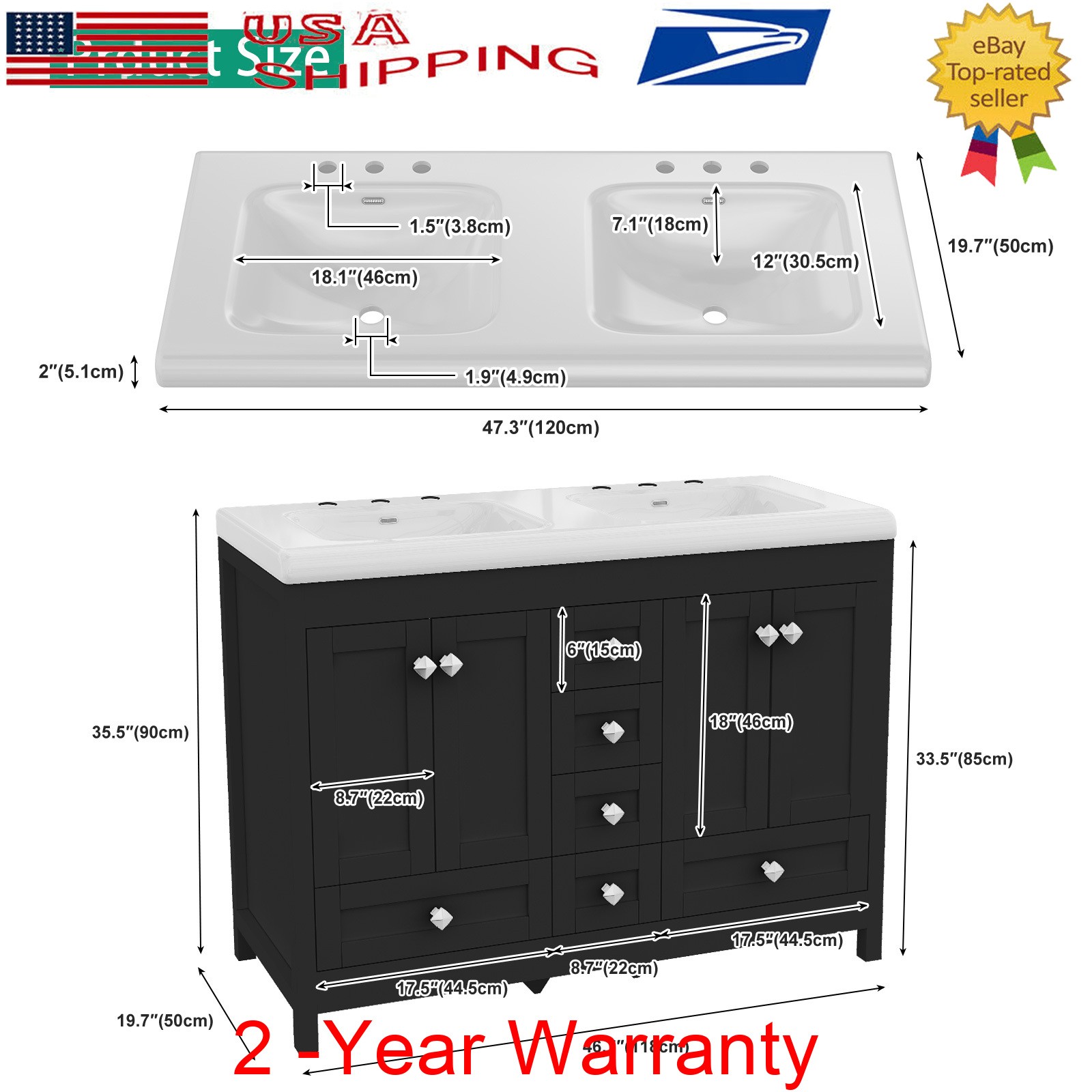 47.3″ Bathroom Vanity w/ Double Sink Bathroom Sink Cabinet Freestanding Storage