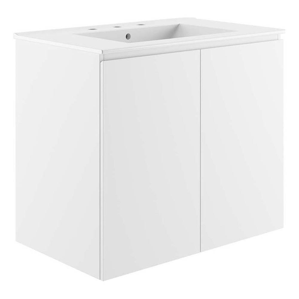 Modway Bryn 30″ Modern Wood/Ceramic Wall-Mount Bathroom Vanity in White
