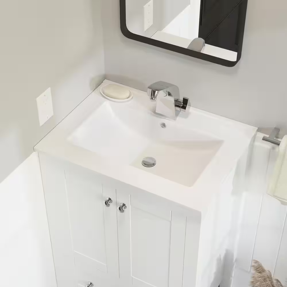24 In. Ceramic Single Faucet Hole Vanity Top in White with White Basin