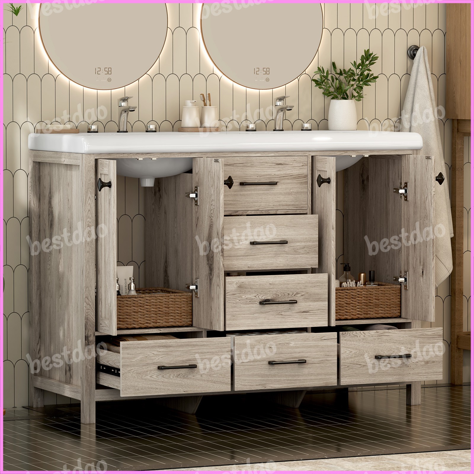 47 Inch Bathroom Vanity Double Ceramic Sinks Combo Storage Doors and Drawers