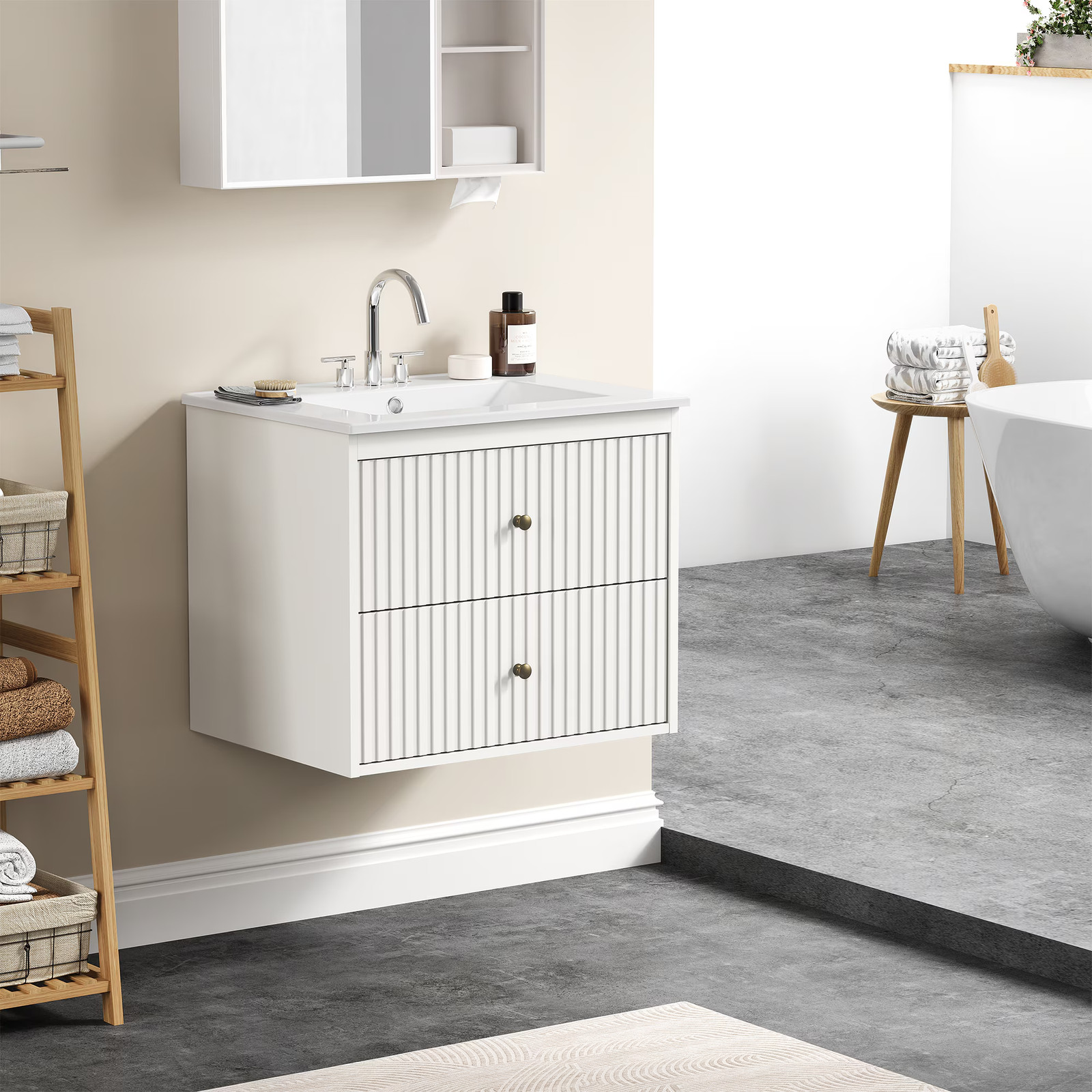 24″ Floating Bathroom Vanity with Sink, 2 Drawers, White