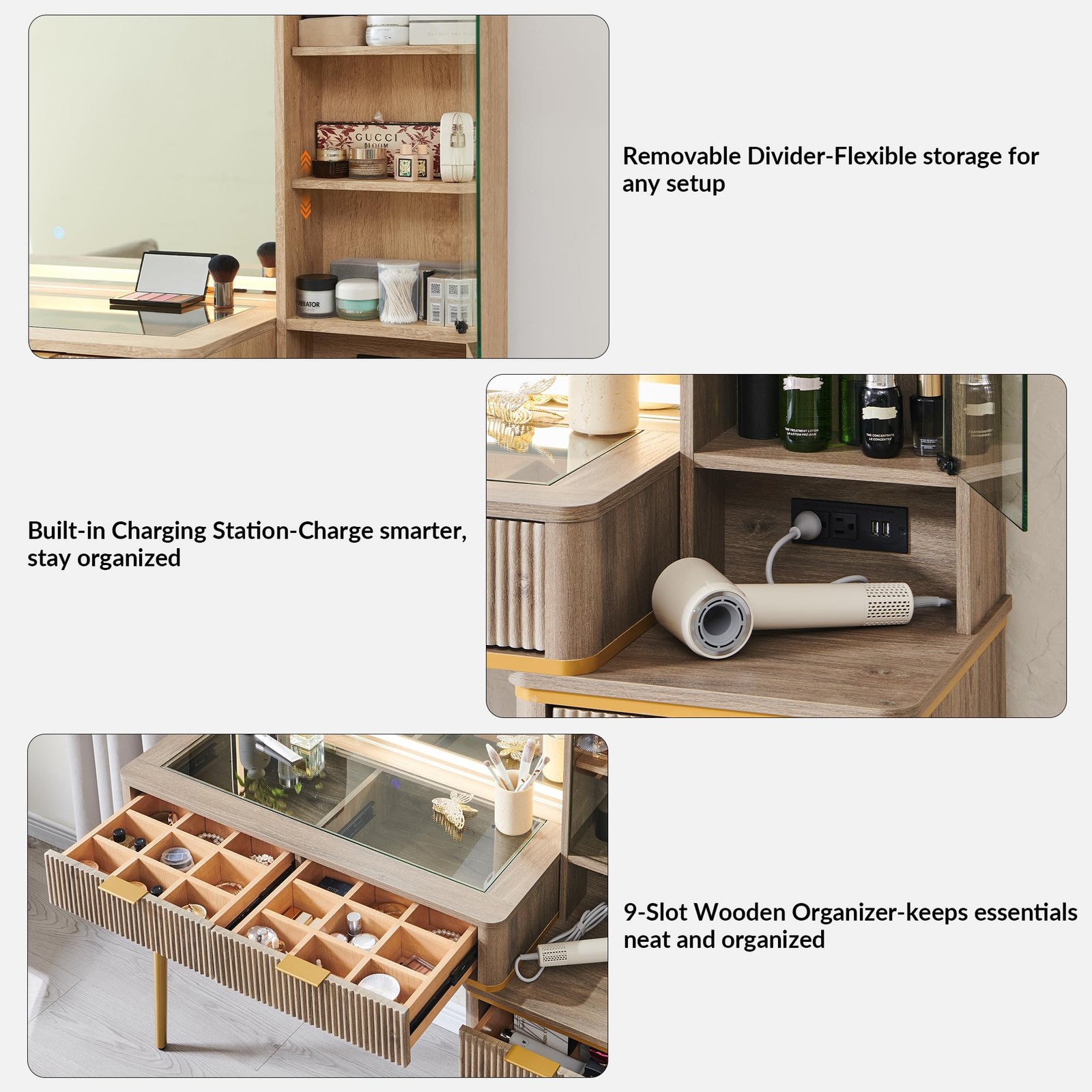 48″ Fluted Vanity Desk with 36″ Lighted Mirror 5 Drawers Charging