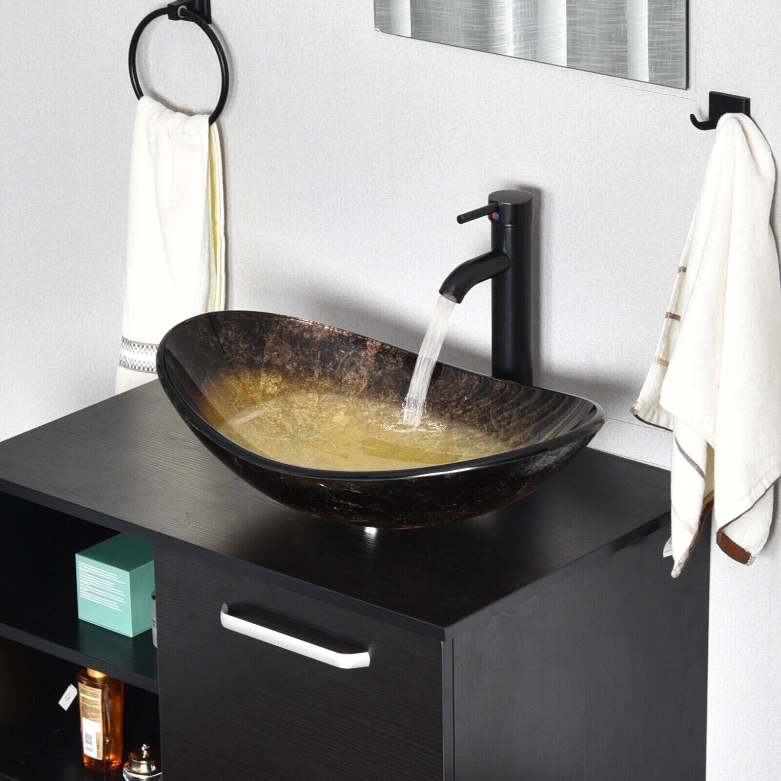 28″ Floating Bathroom Vanity Set Tempered Glass Vessel Sink Wall Mounted Cabinet