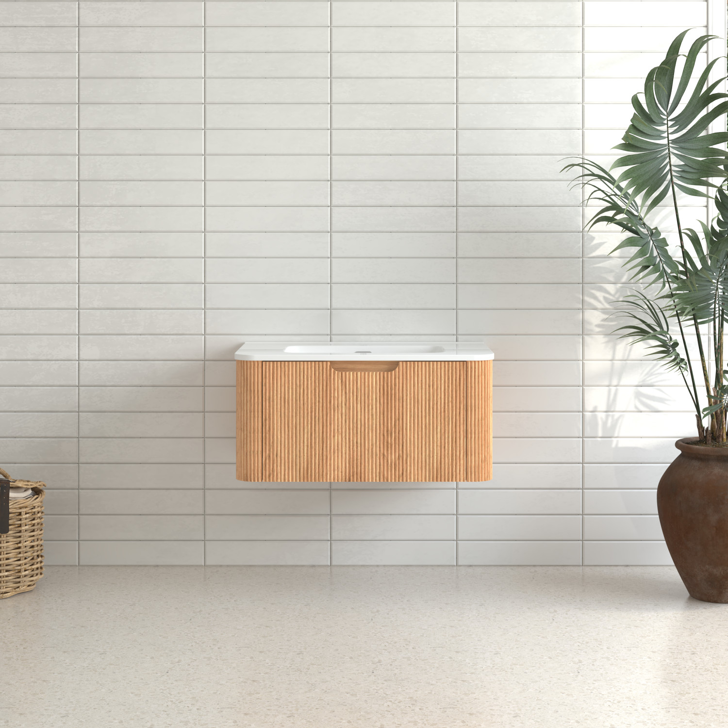 30″ Floating Bathroom Vanity in Walnut with White Ceramic Basin