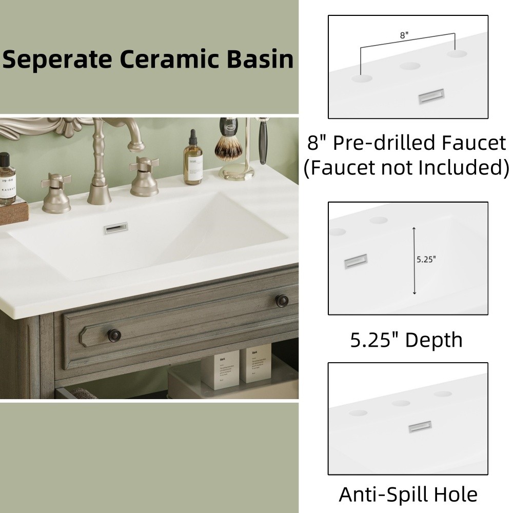 30In Bathroom Vanity with Sink Rustic Bathroom Cabinet with Soft Close Doors