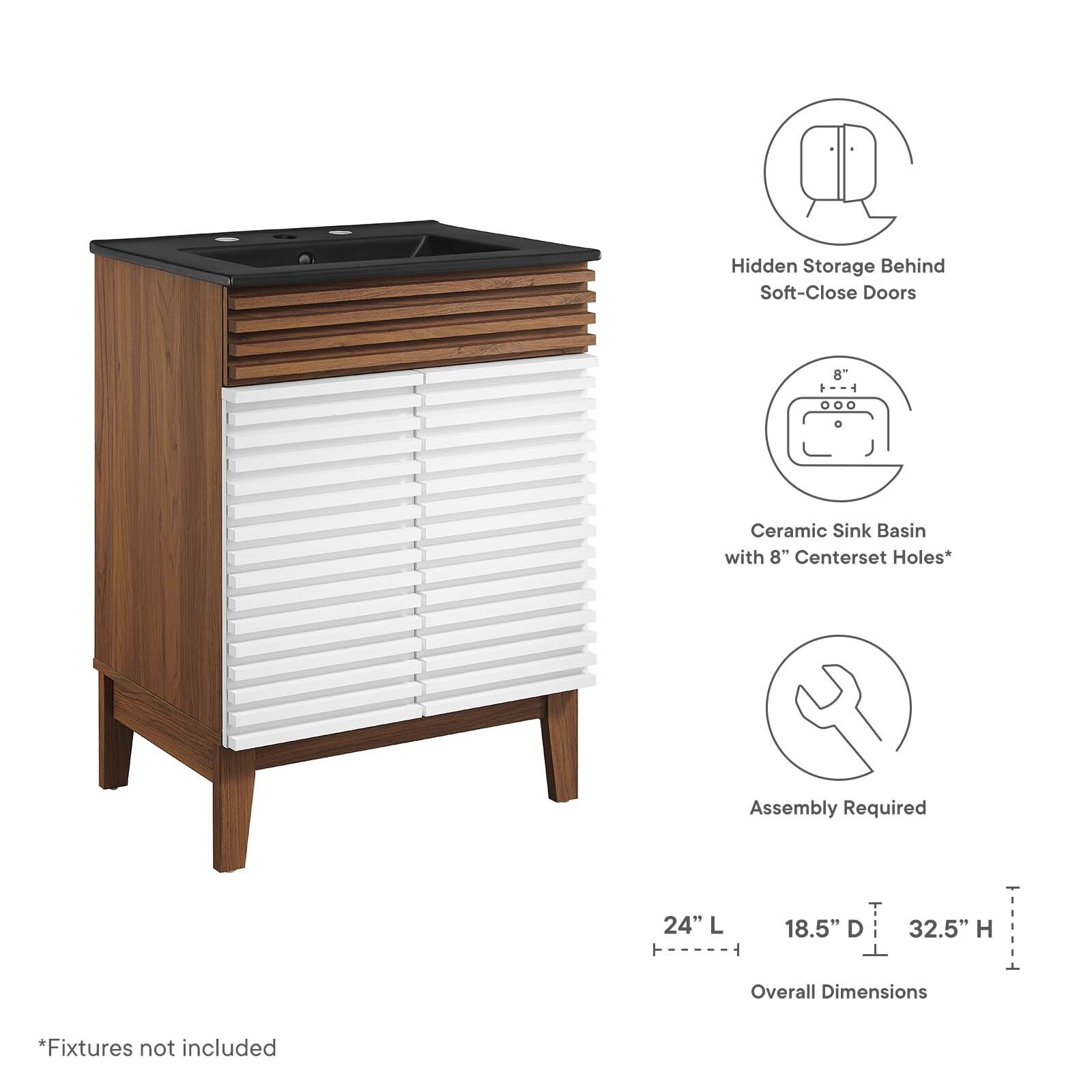 Modway Render 24″ Bathroom Vanity With Sink in White Walnut Black