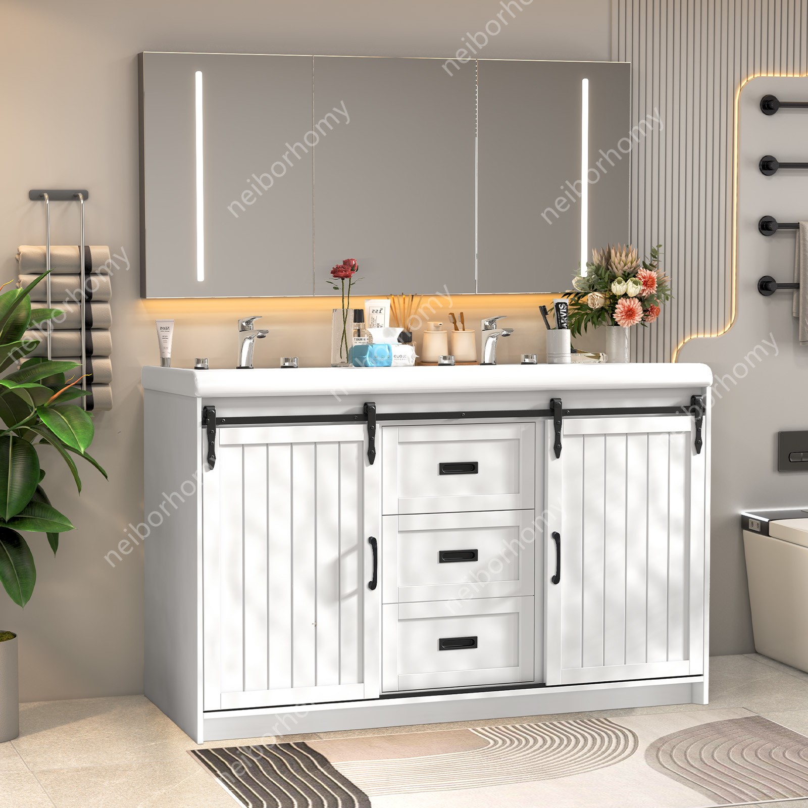 White 47″ Bathroom Double Sink Vanity Cabinet Ceramic Vessel Sink with 2 Drawers