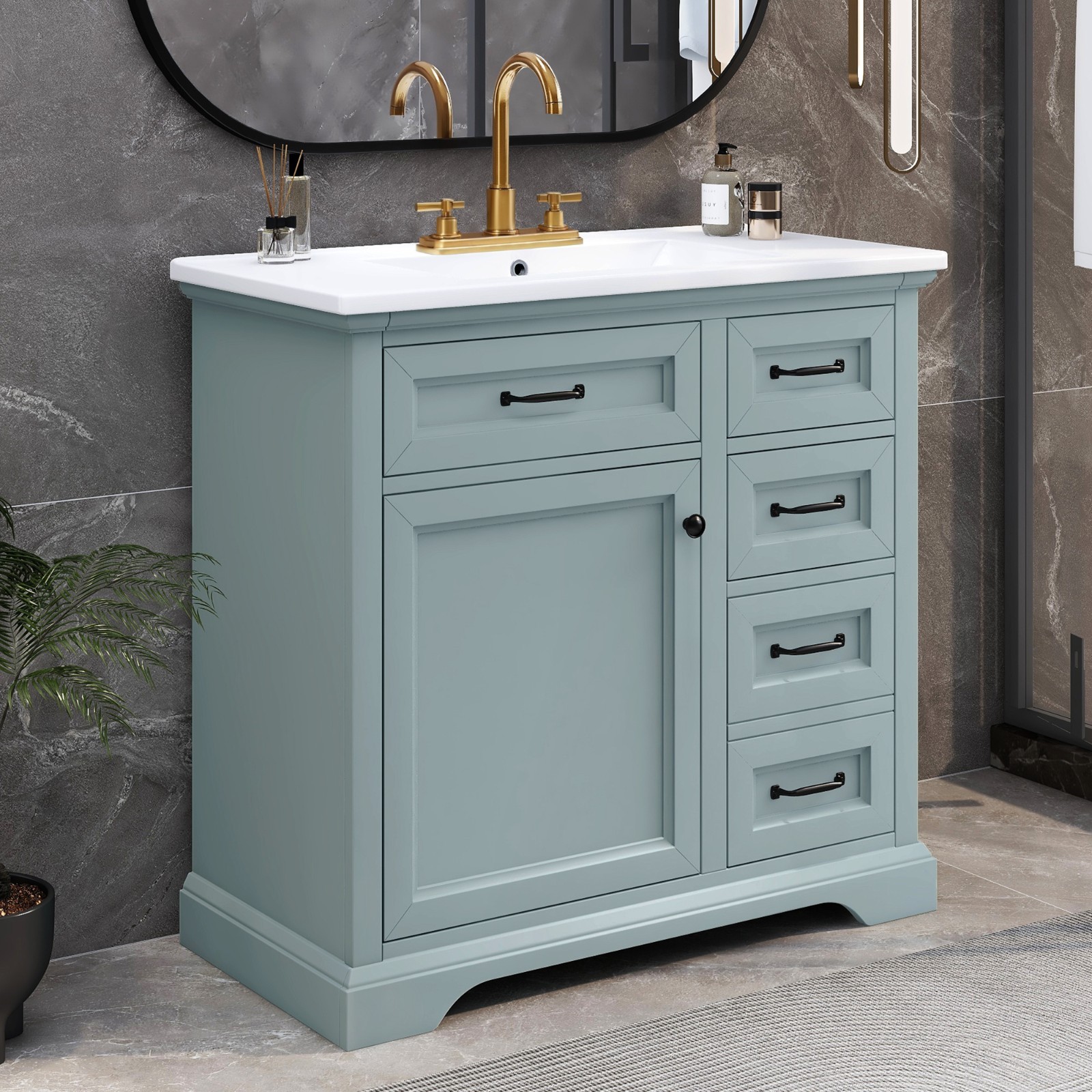 36″ Bathroom Vanity With Ceramic Sink Storage Drawers Doors 3 Faucet Holes