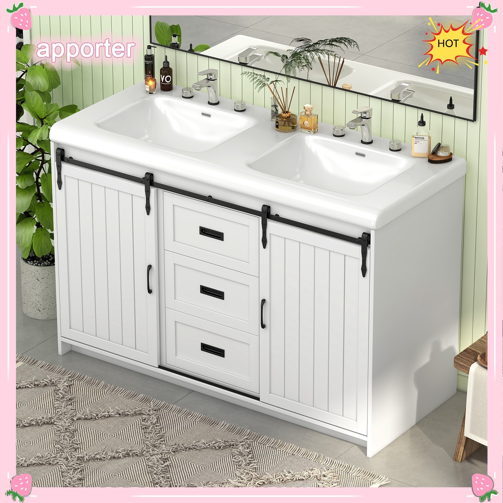 Bathroom Vanity with Double Sink Cabinet Ceramic Basin & 2 Drawers +2 Doors USA