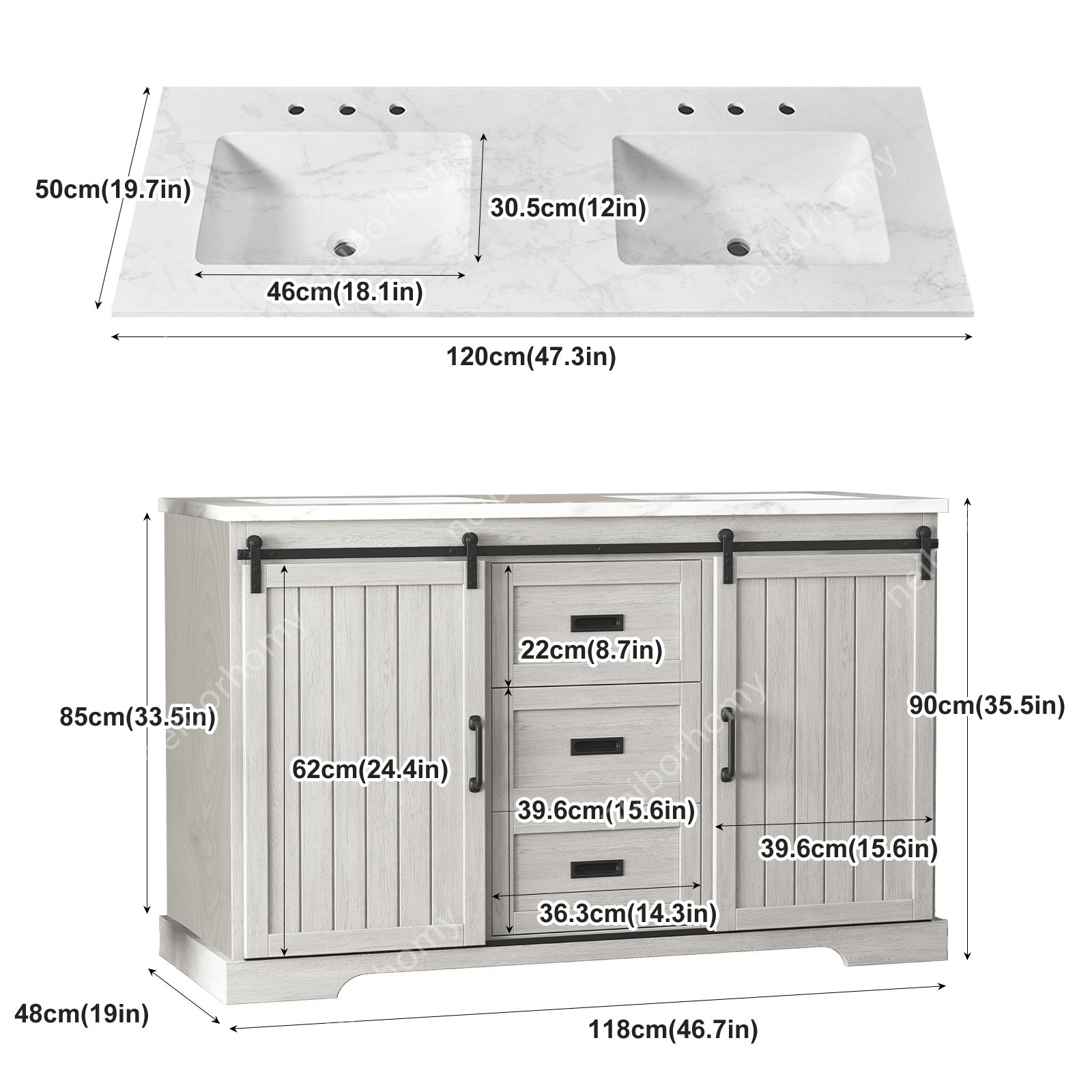 47″ Bathroom Double Sink Vanity Cabinet Ceramic Vessel Double Sink Cabinet White