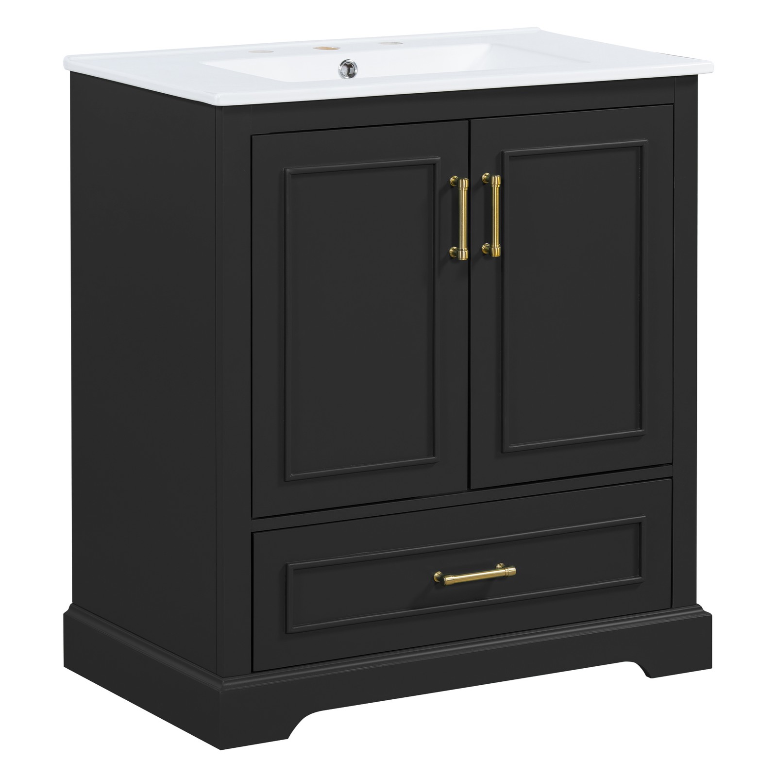 30″ Bathroom Vanity w/ Sink, Black, Soft-Close Doors & Drawer, Solid Wood+MDF