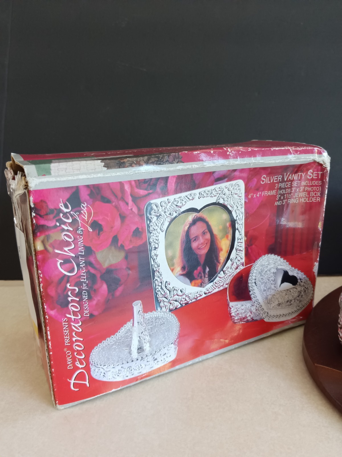 Davco Decorators Choice Silver Vanity Set Jewelry Box Frame Ring Holder Box