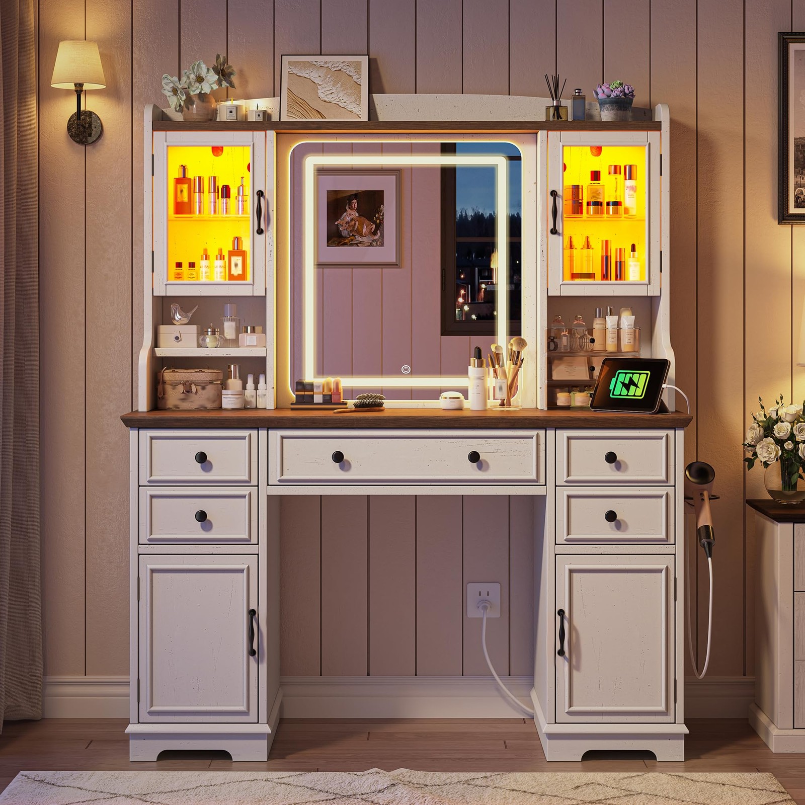 Farmhouse 43 White Vanity Desk with Mirror & LED Lights 5 Drawers RGB Cabinets