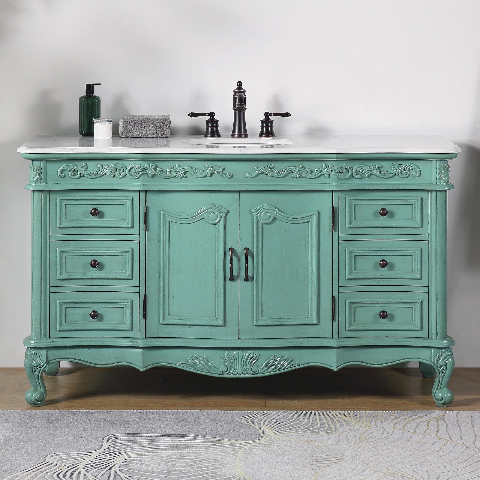 60″ Silkroad Exclusive V0299NW60C Single Sink Carrara Marble Top Green Vanity