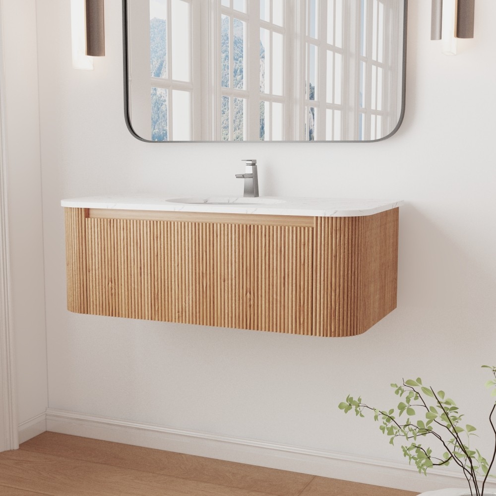 42″ Bathroom Vanity Wall Mount w/ Marble Top, Ceramic Sink, Soft Close Drawer