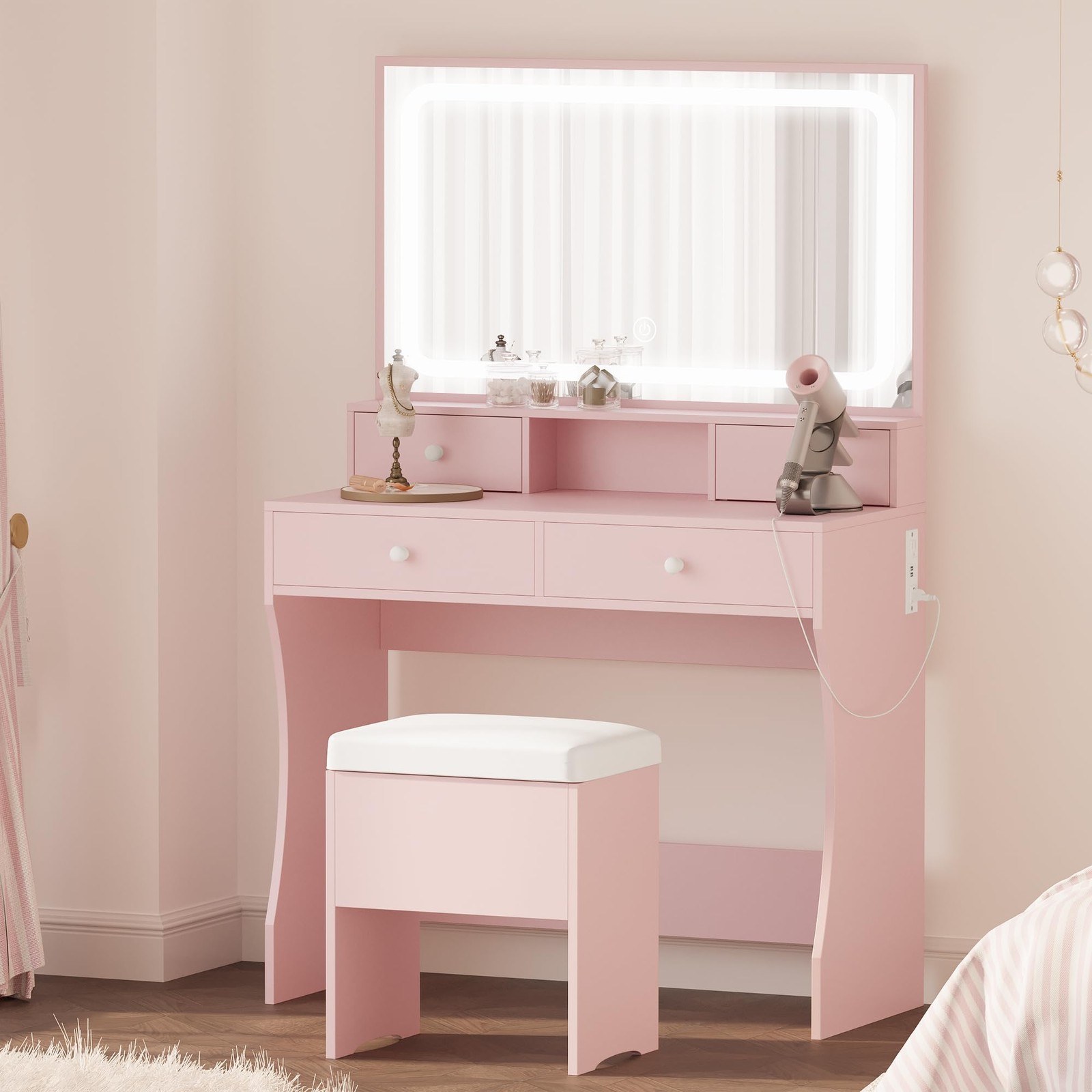 Vanity Desk with LED Lighted Mirror & Power Outlet 4 Drawers Storage Bench Pink
