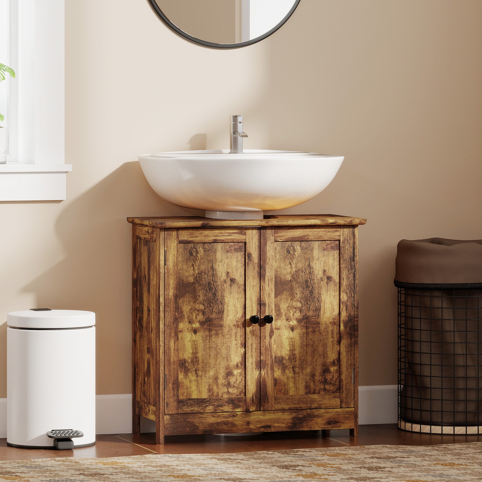 Under Sink Bathroom Cabinet with 2 Doors and Shelf, Rustic Brown