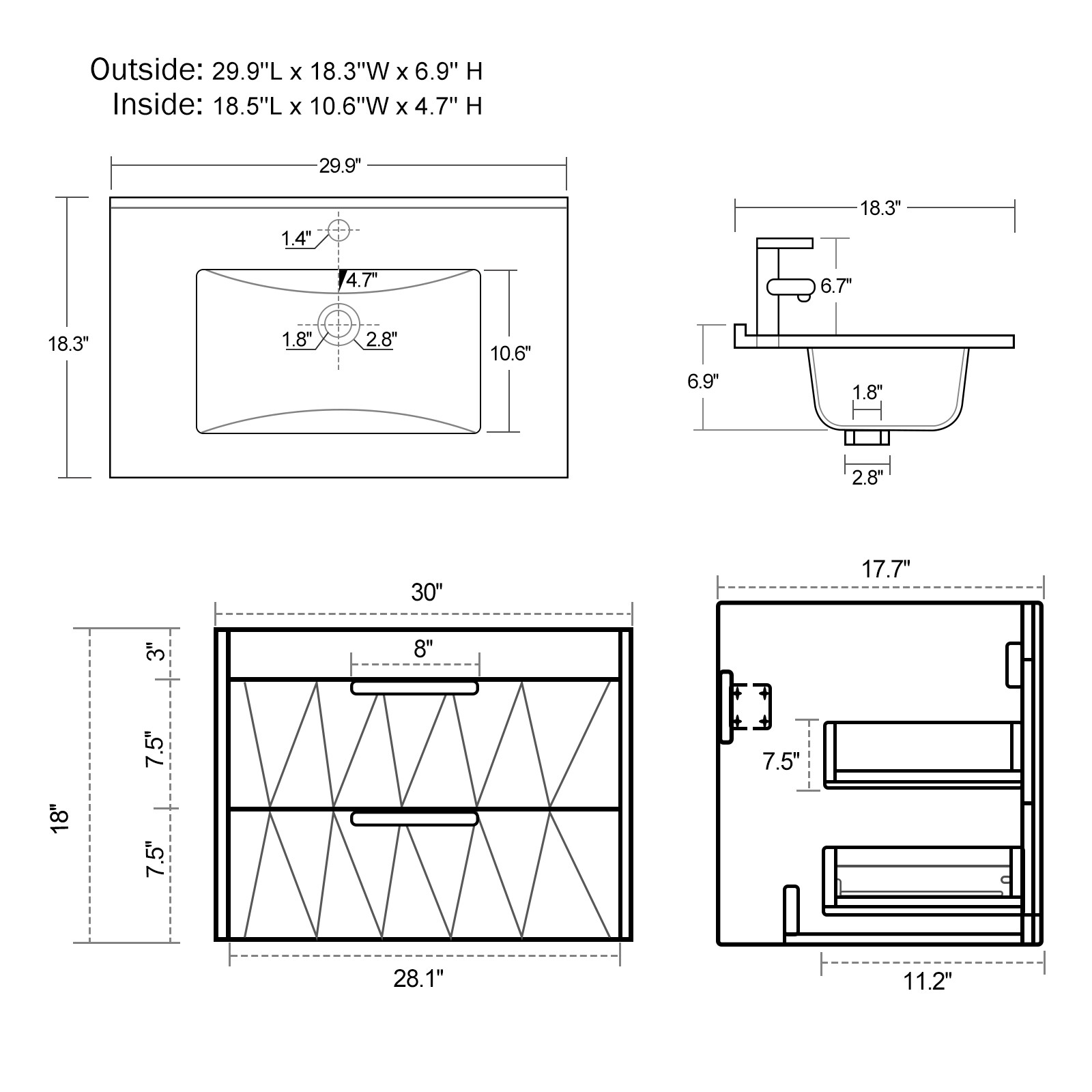 Bathroom Vanity Wall Mounted Cabinet with Ceramic Sink Combo Faucet Drain