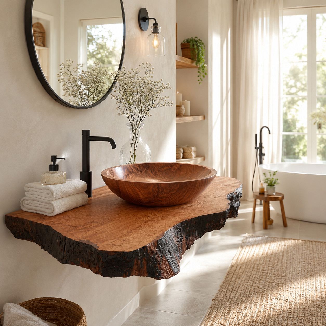 Modern Rustic Solid Wood Vanity – Natural Live Edge Bathroom Sink Console