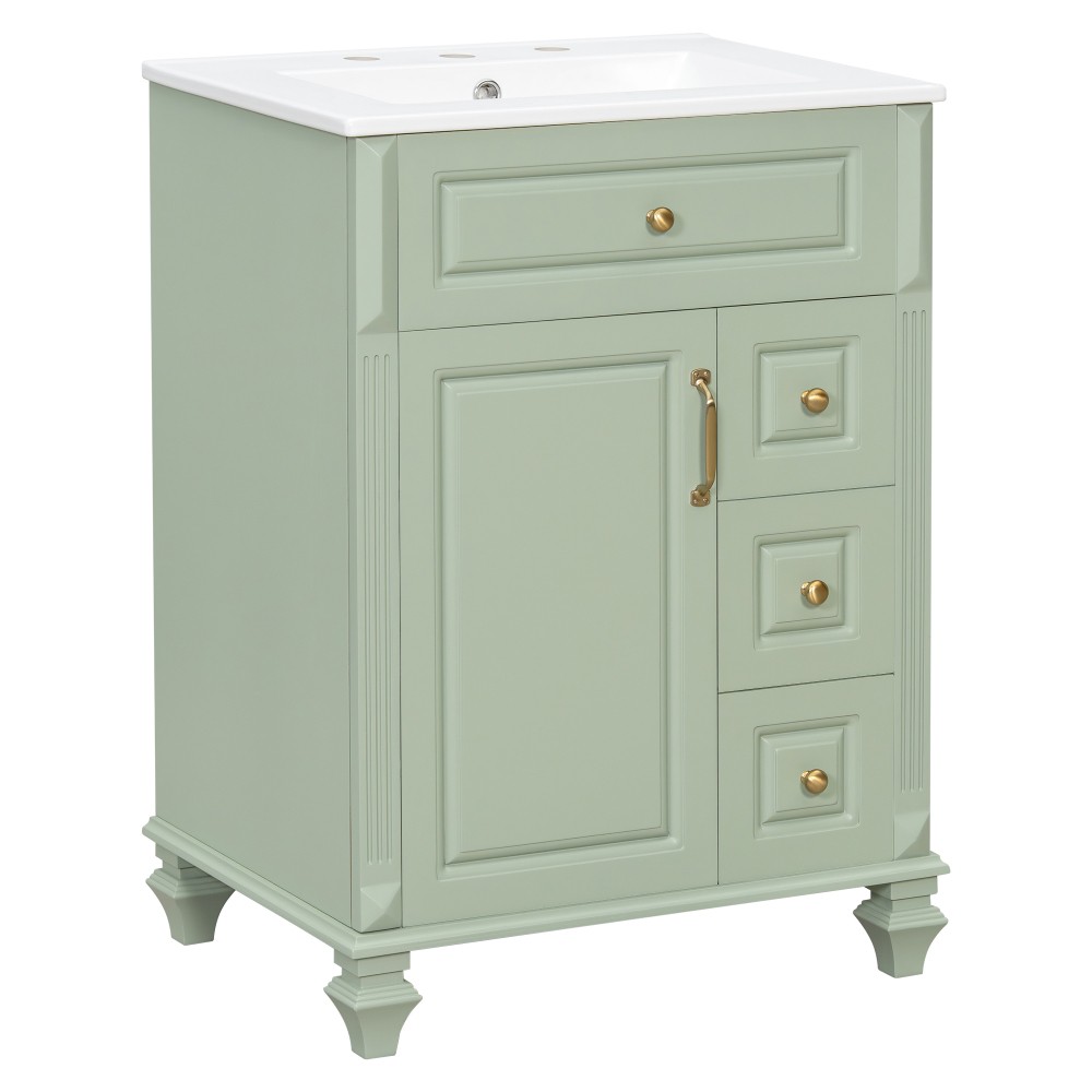 24″ Freestanding Vanity with Ceramic Sink & 3 Drawers, Solid Wood & MDF, Green