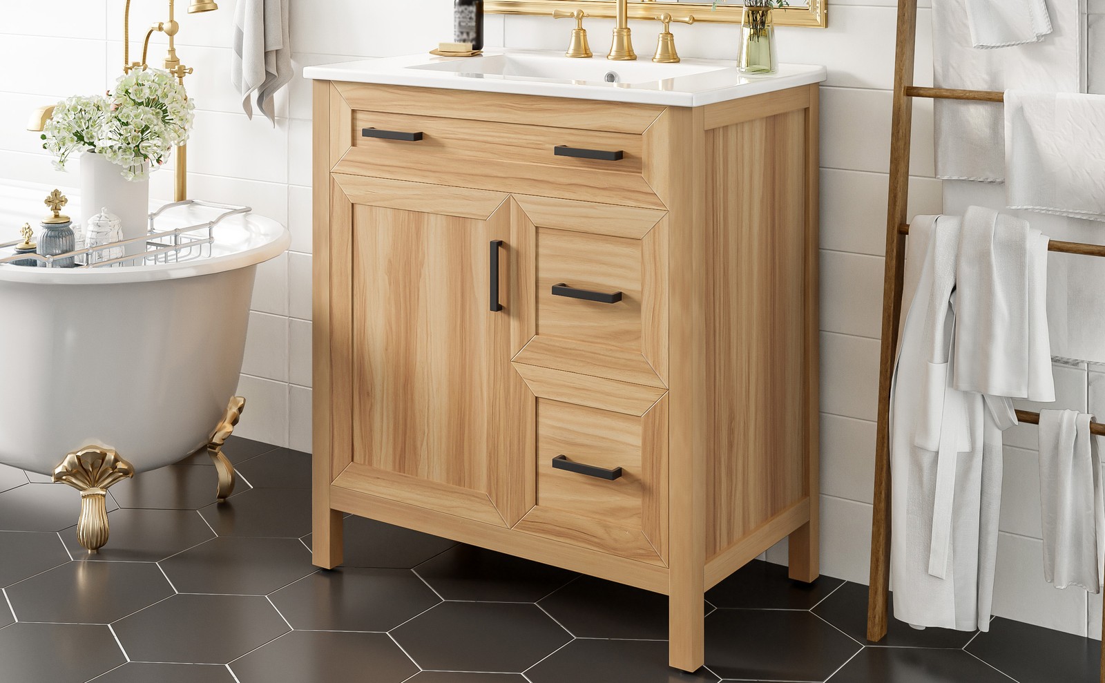 30″ Bathroom Vanity Solid Wood Frame W/Soft Close Door 2 Drawers Storage Cabinet