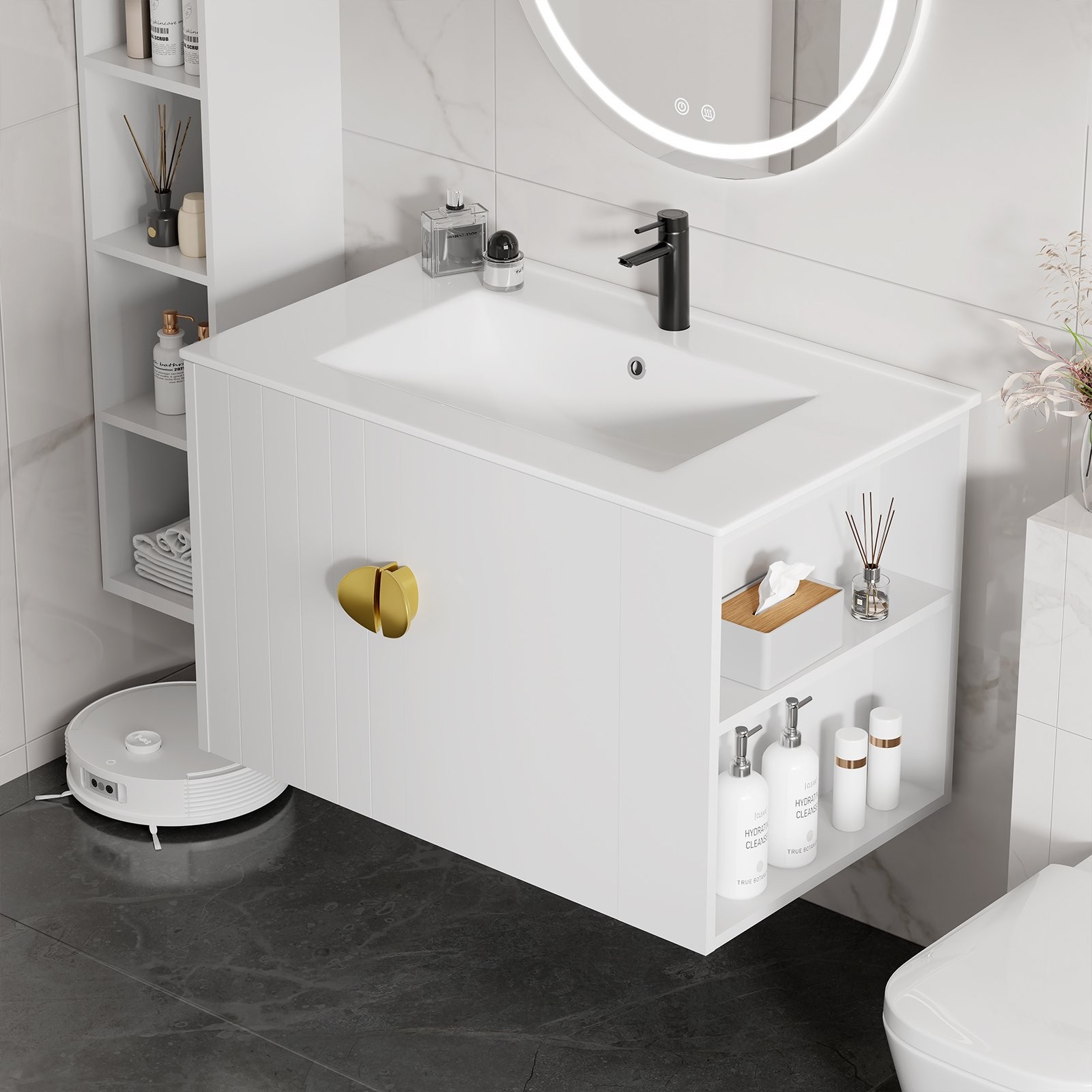 30″ Wall Mounted Bathroom Vanity Cabinet with Ceramic Sink & 2 Doors White