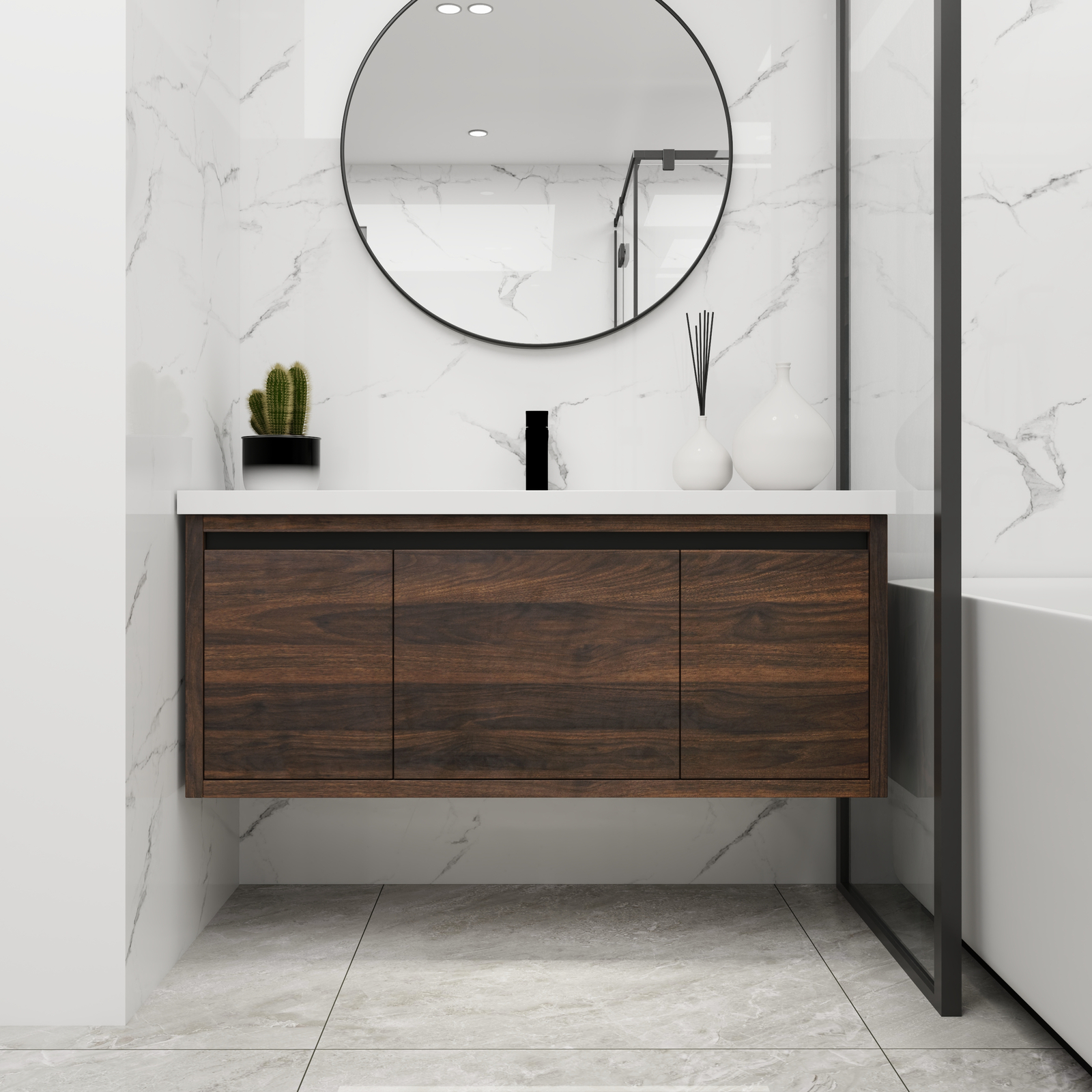 48Inch Floating Wall Mounted Bathroom Vanity Cabinet W/ Sink Doors Drawer Walnut