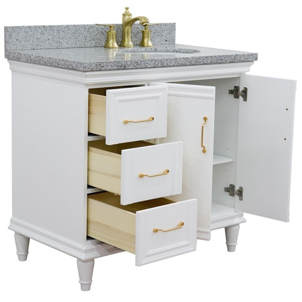 Pemberly Row 37″ Single Wood Vanity White Gray Granite Oval Right Door & Sink