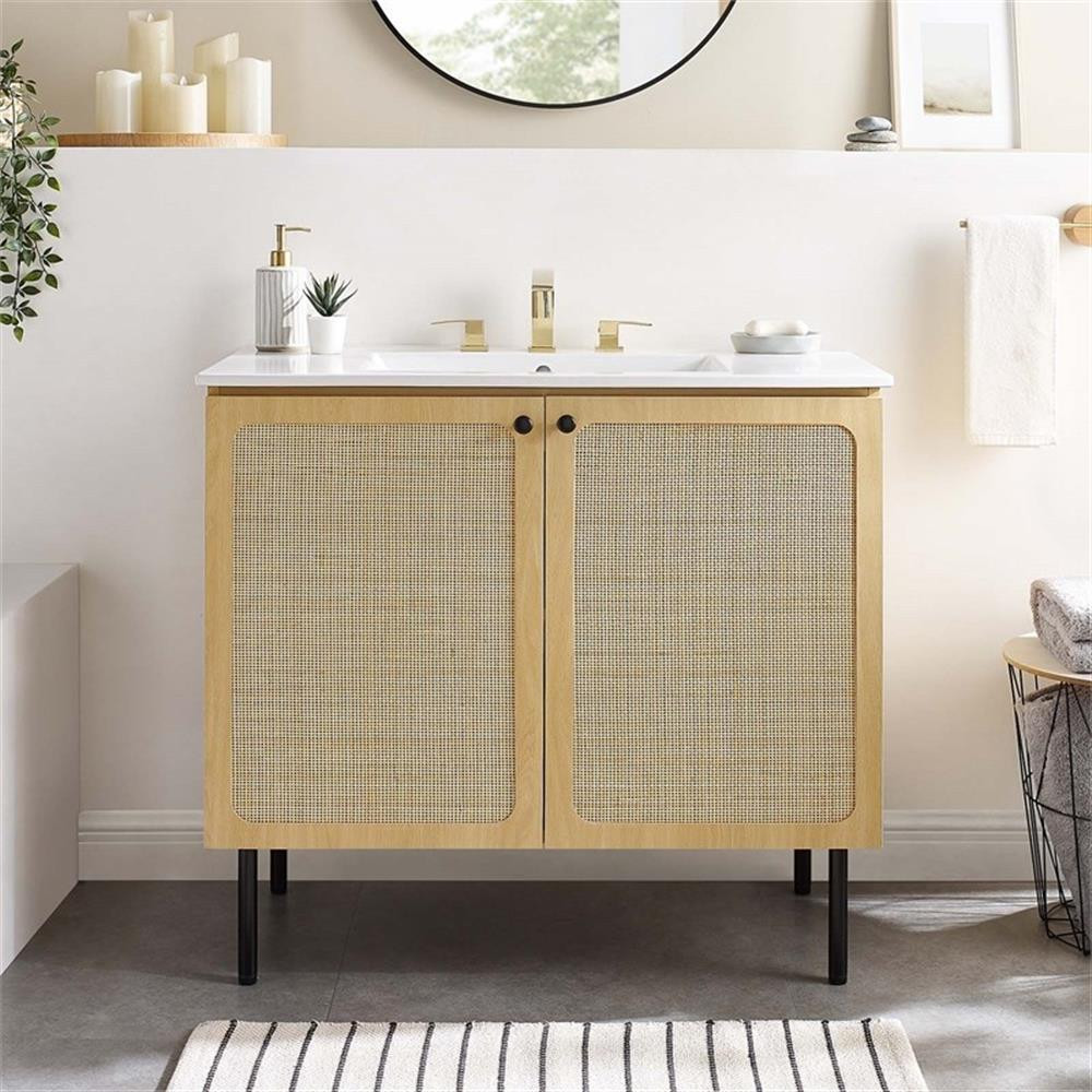 Modway Chaucer 36″ Wood & Rattan Bathroom Vanity Cabinet in Oak