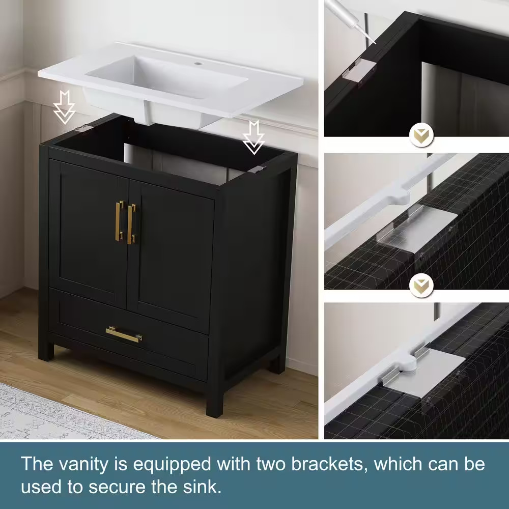 Raven 31 In.W Single Sink Black Freestanding Bath Vanity with White Engineered S