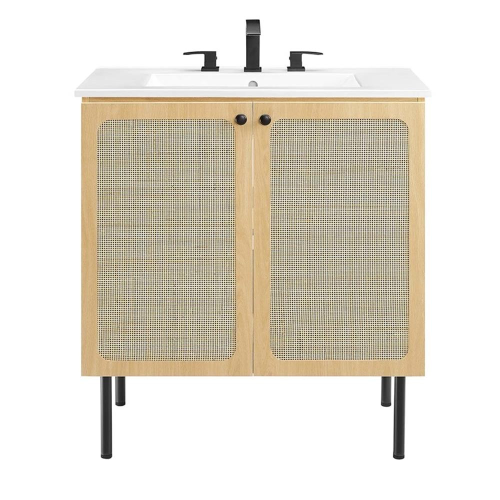 Modway Chaucer 30″ Wood & Rattan Bathroom Vanity in Oak/White