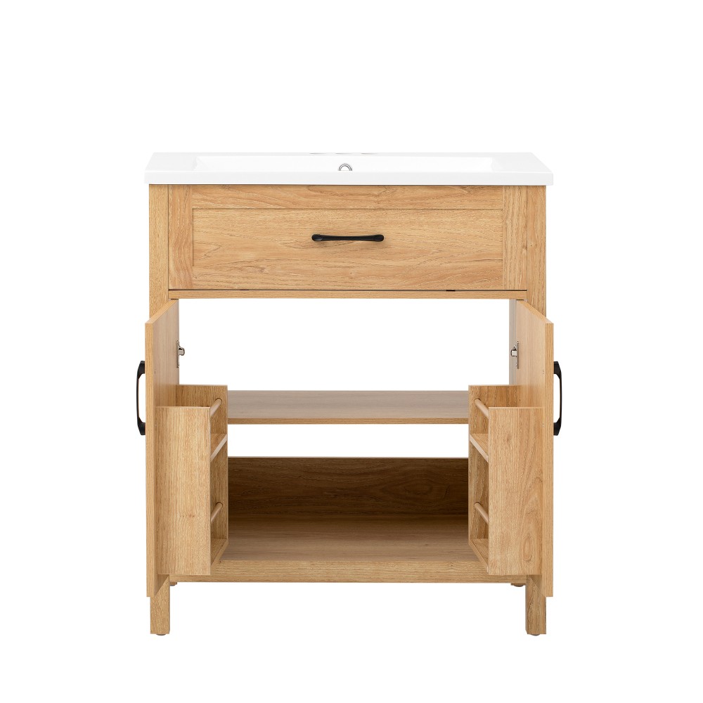 30″ Bathroom Vanity Resin Sink, Solid Wood, Adjustable Shelf & Door Organizers