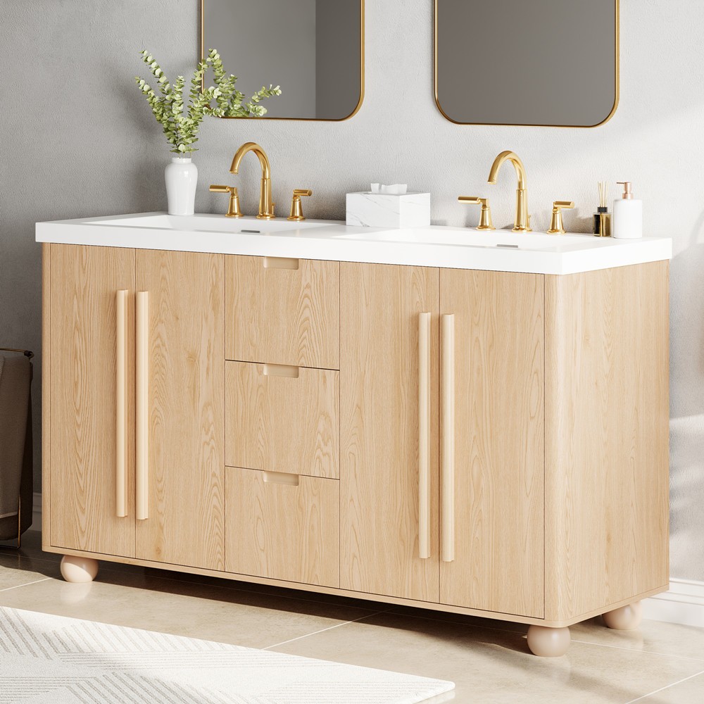 59″ Bathroom Vanity w/Double Sink,Freestanding Vanity Cabinet, 3 Drawers, 4 Door