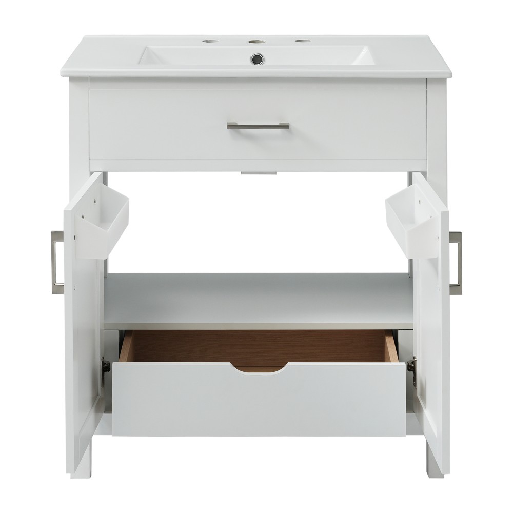 30″ Bathroom Vanity Ceramic Sink Soft Close 2 Door Drawer Silver Storage Cabinet