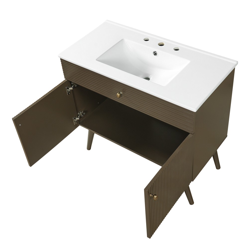 36″ Striped Bathroom Vanity,Soft-Close Dual-Door Storage &Premium Ceramic Sink