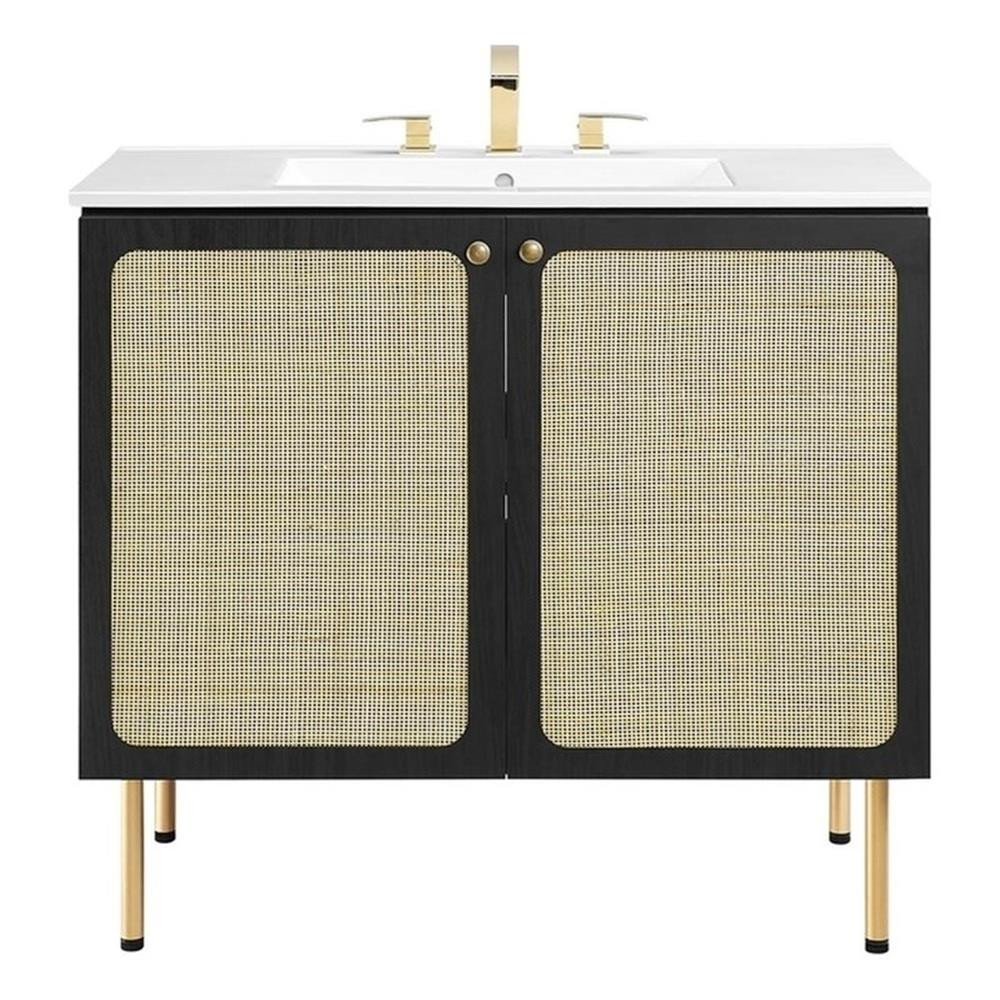 Modway Chaucer 36″ Wood & Rattan Bathroom Vanity in Black/White