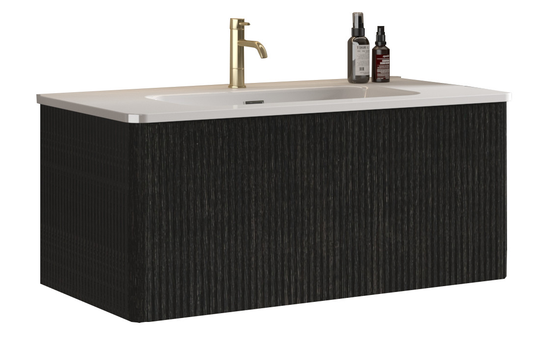 Etna 36″ Brushed Black Oak Floating Bathroom Vanity with White Ceramic Sink