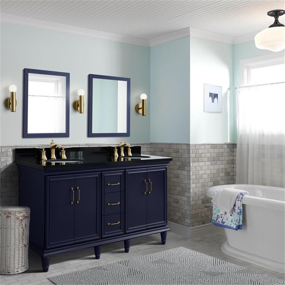 61 in. Double Wooden Vanity Blue Black Galaxy Granite Oval Sink