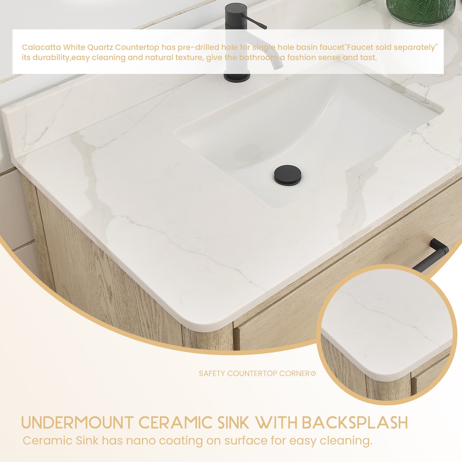 Porto 84″ Aged Natural Oak Double Bath Vanity with Fish Maw White Quartz Stone