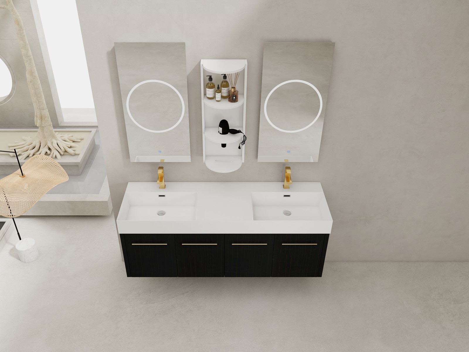 60 In Floating Wall-Mounted Bathroom Vanity Cabinet W/ Double Resin Top Basin