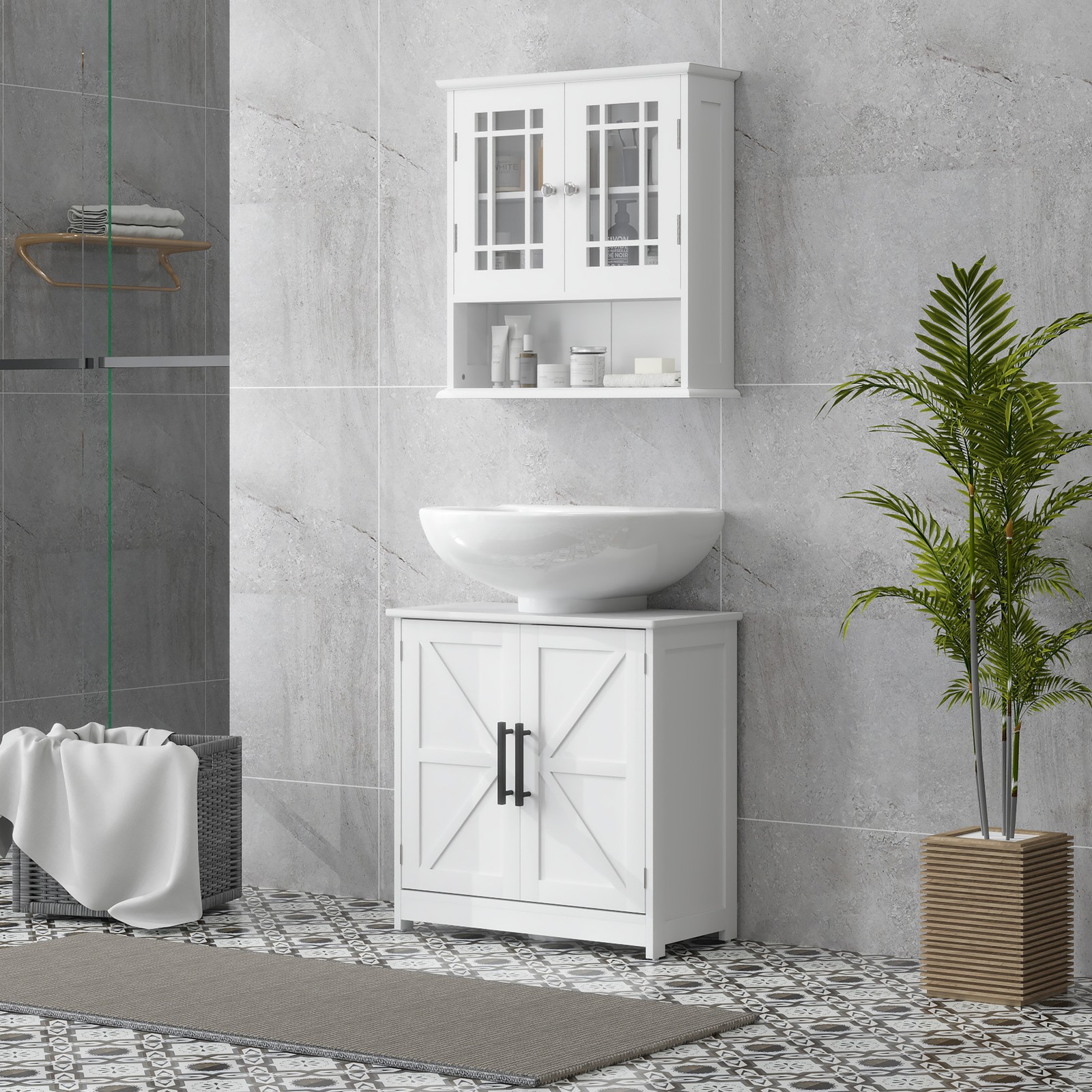 Farmhouse Pedestal Sink Storage Cabinet, Bathroom Sink Cabinet with 2 Barn Door