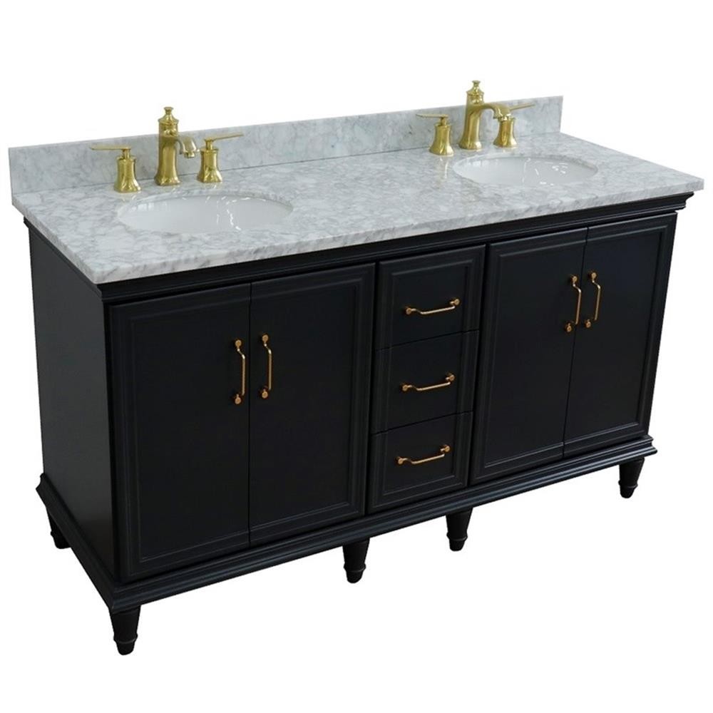 61 in. Double Wooden Vanity Dark Gray White Carrara Marble Oval Sink