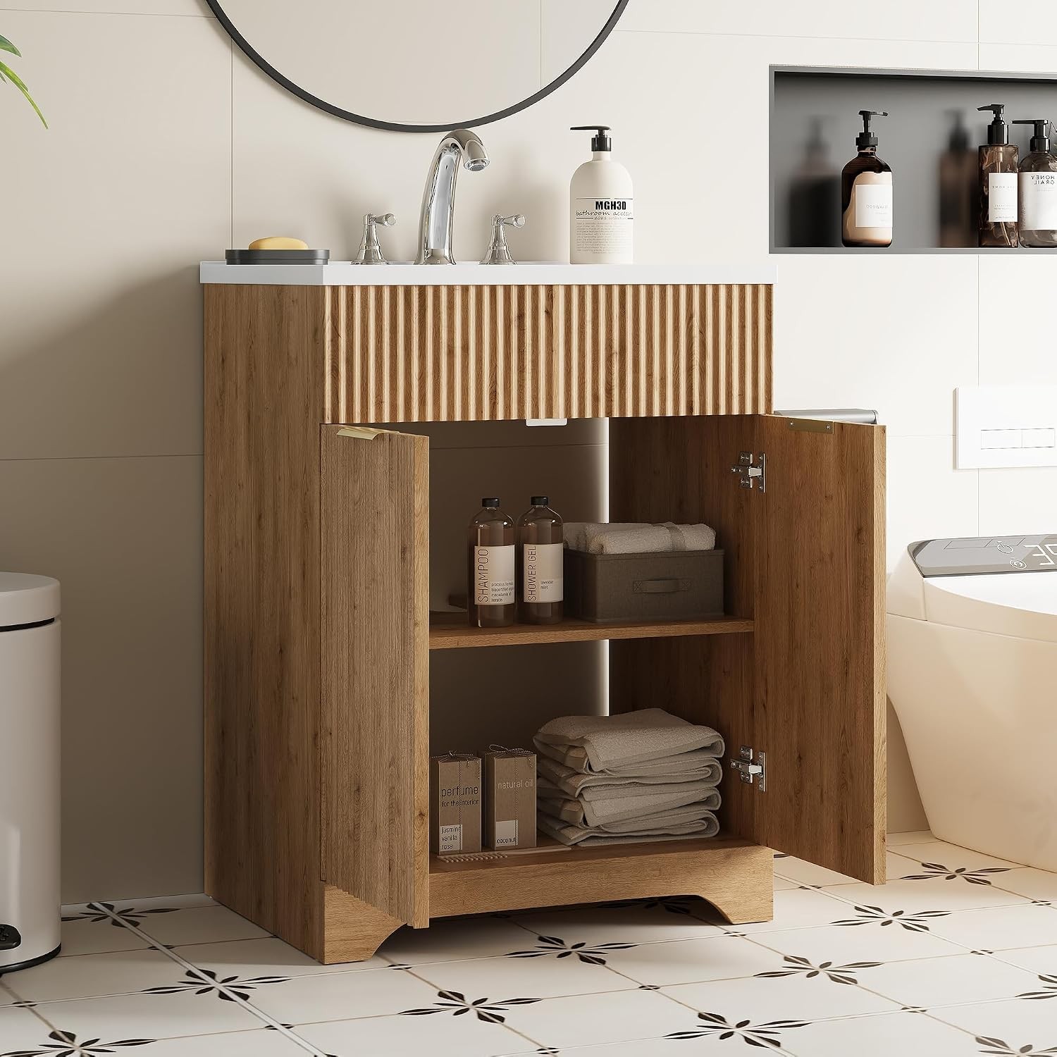 25“ Bathroom Vanity with Ceramic Sink Fluted Wood Storage Cabinet Large Drawer