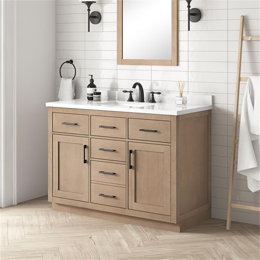 Pemberly Row 48″ Bathroom Vanity in Sahara Birch with White Countertop